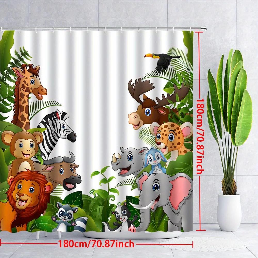 1pc Jungle Safari Shower Curtain with 12 Hooks - Vibrant Cartoon Animals Design Featuring Giraffe, Zebra, Lion, Elephant, Rhino,