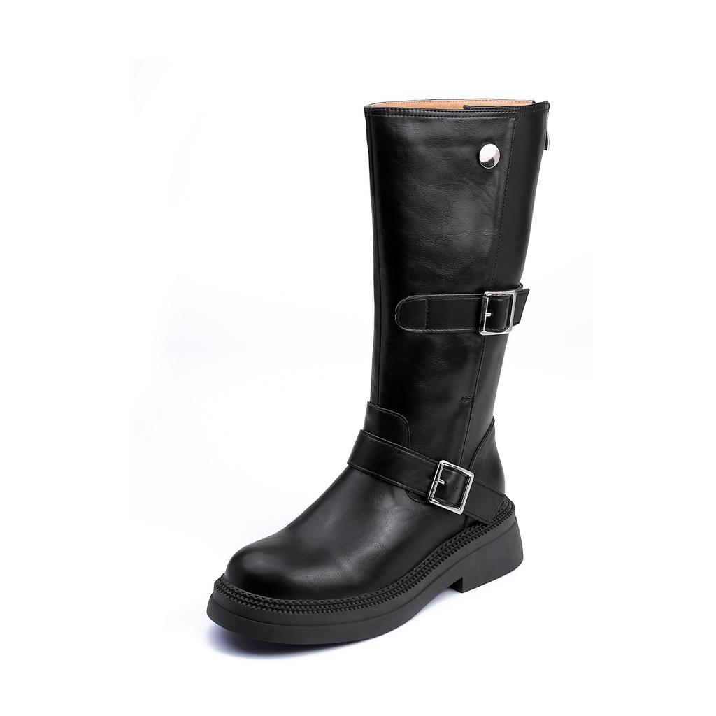 Soft leather mid-height boots Western cowboy boots Women's belt buckle Korean version retro knight boots Brown boots over the knee