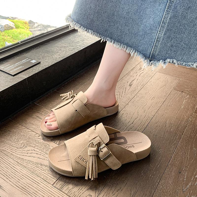 Fashion Korea Ladies 2025 Summer New Thick-Soled Retro Tassel Slip-On One-Strap Lazy Women's Outdoor Solid Soft-soled Sandals