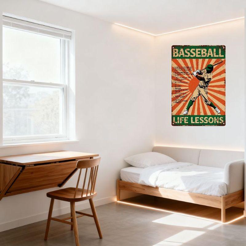 Vintage Baseball Life Lessons Metal Tin Sign with Dynamic Player Illustration - Retro Home Bar Cafe Wall Decor for Man Cave