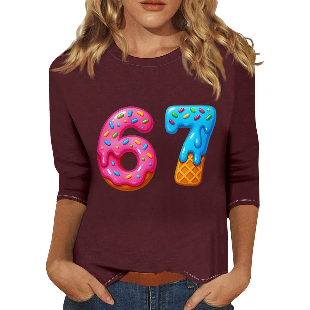 Women's Fashionable Casual Three-Quarter Sleeve Printed Neck T-Shirt Top