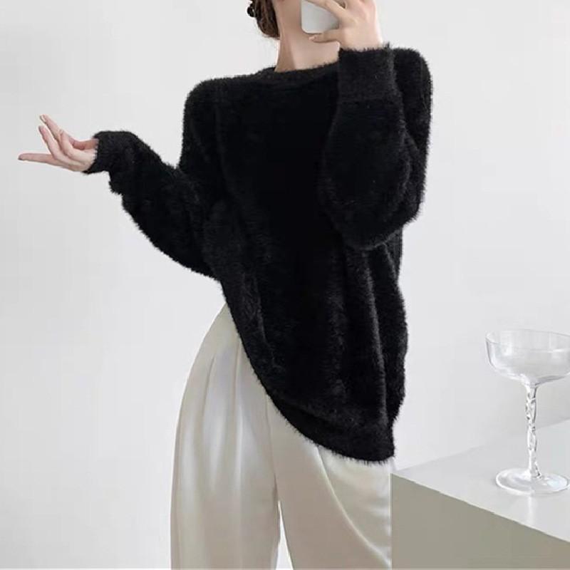 Soft Fuzzy Faux Mink Knit Sweater Women Round Neck Loose Fit Long Sleeve Pullover Cozy Oversized Mid-Length Top In