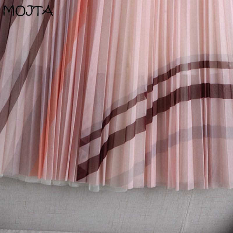 MOJTA Mid-length Skirt Spring Summer Women's Elastic High Waist Skirt A-line Pleated Mesh Contrast StripesSkirt