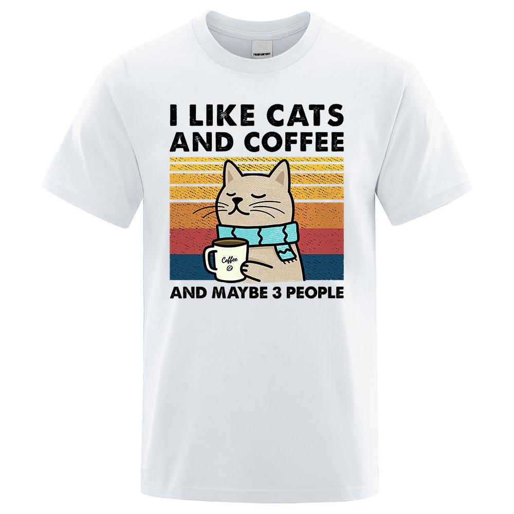I Like Cats And Coffee Street Funny T-Shirt For Men Fashion Casual Loose Cotton Clothing Crewneck Breathable Tshirt Hip Hop Tees