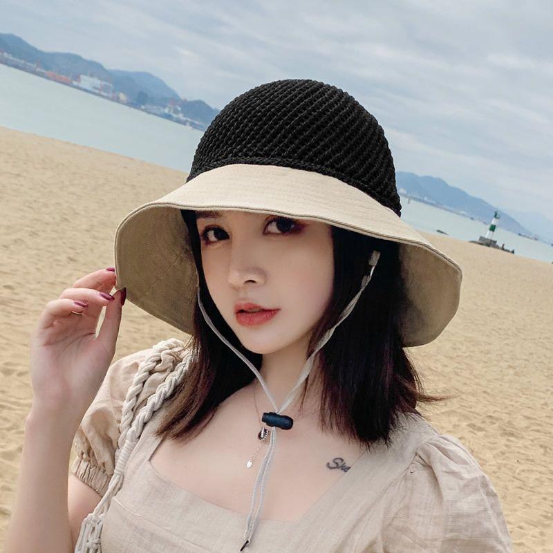 

Sun Hat Female Summer Versatile Small Brim Bucket Hat Sun Hat Foldable Cut Out Beach Travel Woven Straw Hat Rice white edge black top