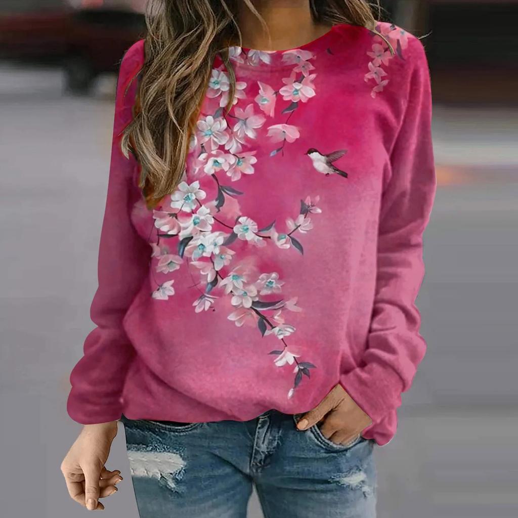 Women's T-Shirts Beautiful Flower and Bird 3D Printed Women's Long Sleeve T-shirt