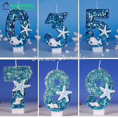 Dolphin Children's Birthday Candles for Boys Blue Glitter Starfish Birthday Cake Candles 0-9 Number Party Decoration