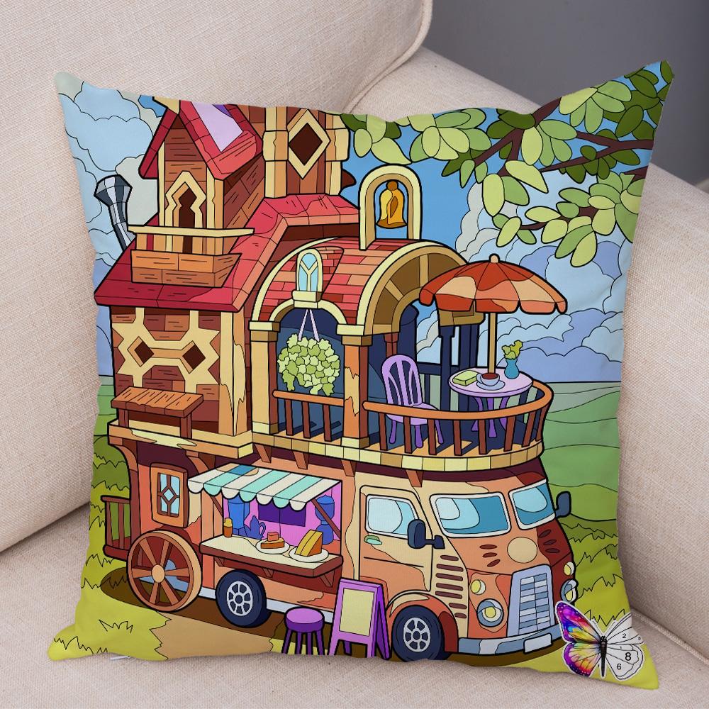 Federa Cuscino Happy Camper Casa Cartone Animato Auto da Viaggio Copricuscino Divano Casa Super Morbida