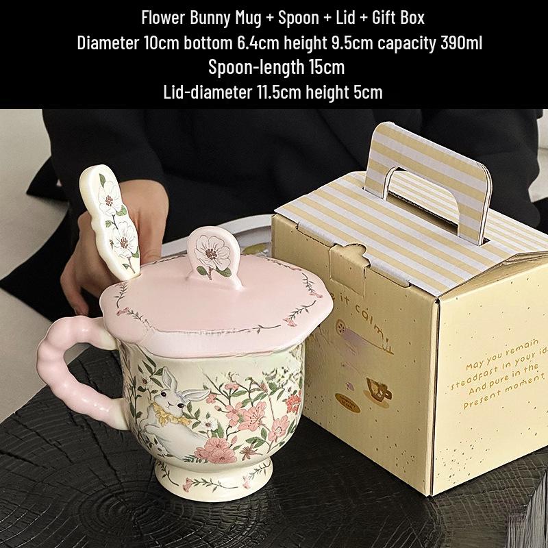 Large Ceramic Mug with Cute Rabbit and Flowers Design, Lid, and Spoon