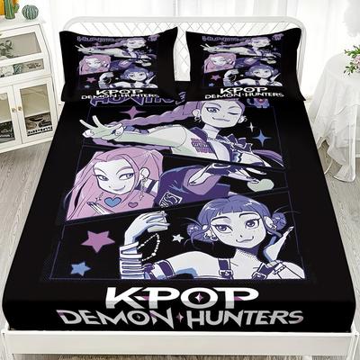 1 Stück KPOP Spannbettlaken Dämonenjäger Weiche Polyester Bettdecke Spannbettlaken mit Gummizug Huntrix Heimdekor Kein Kissenbezug