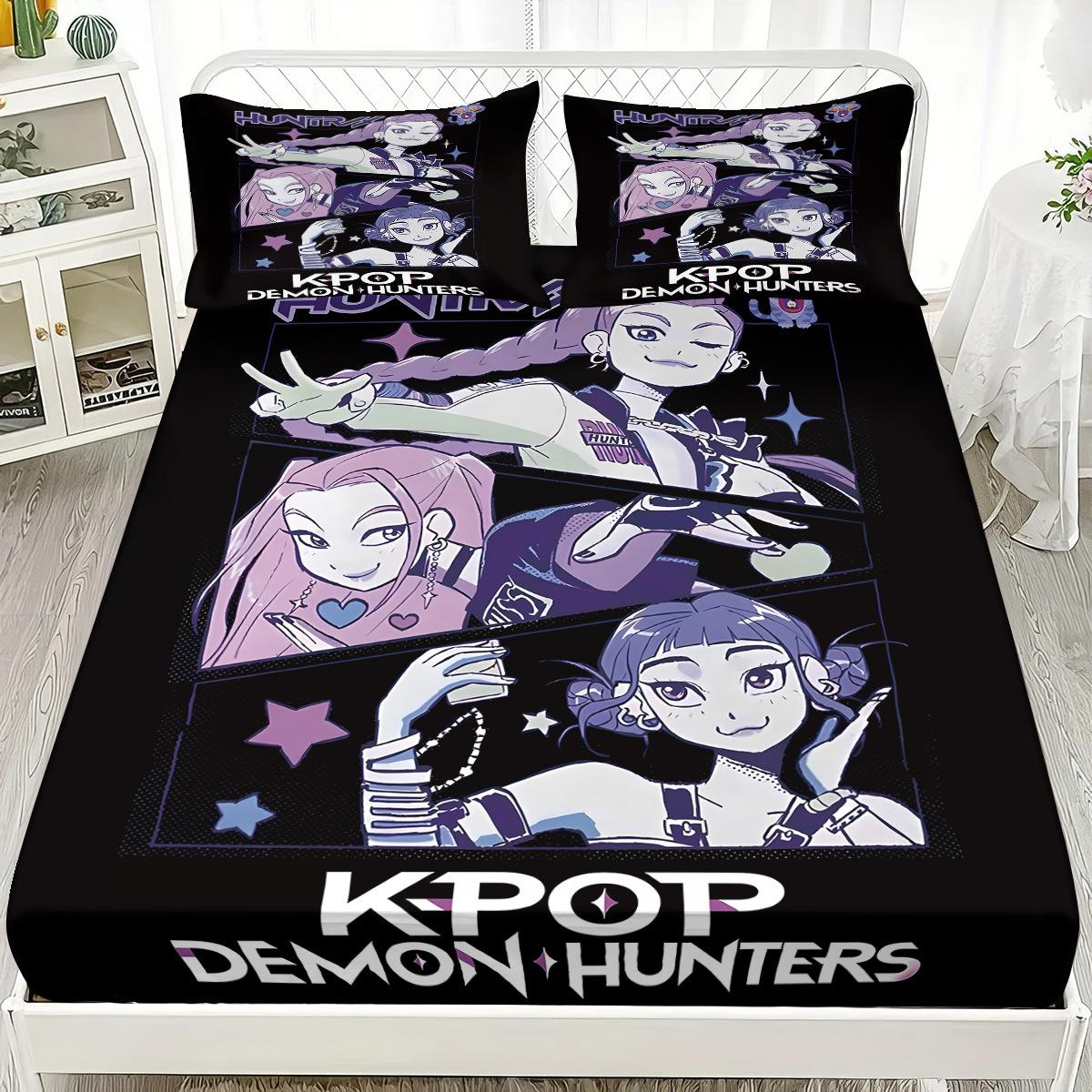 

K-Pop D-Demon Hunters Customized DIY Fitted Sheet with 2 Pillowcases Deep Pocket for Home Decor Personalized Bed Cover 90x200x25cm 3pcs