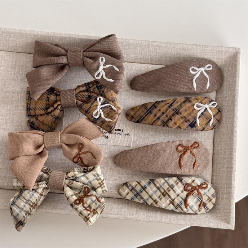 Milk Coffee Plaid Embroidered Bow Hairpin Sweet and Cute BB Clip Versatile Texture Side Clip Hair Accessories