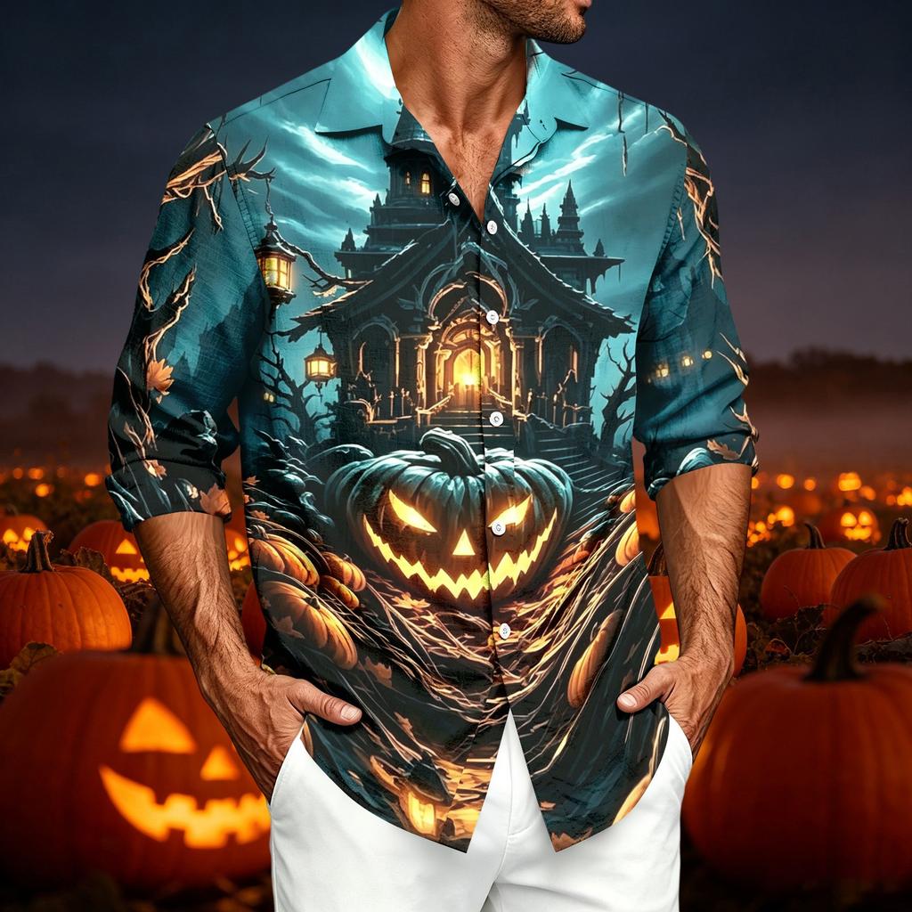 Men's Casual Long Sleeve Shirt with Halloween Print for Spring and Fall