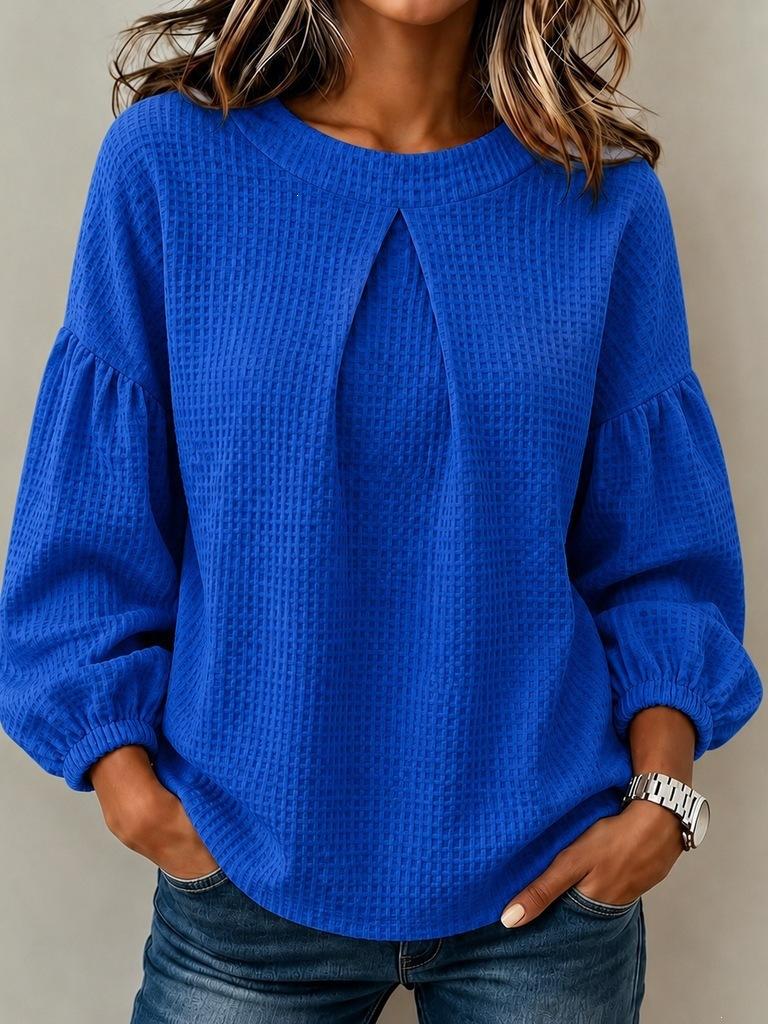 Women's Waffle Solid Color Top Shirt European and American Lantern Sleeves Round Neck Simple Long Sleeves