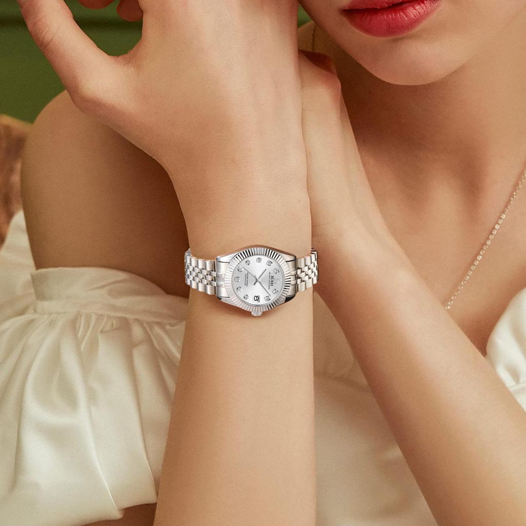 BUREI Women's Watch Japanese Quartz Analog Waterproof Diamond Dial Stainless Steel Business Ladies Watch Popular Stylish Cute Female Gift women watch