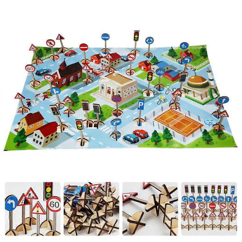 1 Set Wooden Kindergarten Teaching Aids Simulation Traffic Sign Toy Cognitive Plaything
