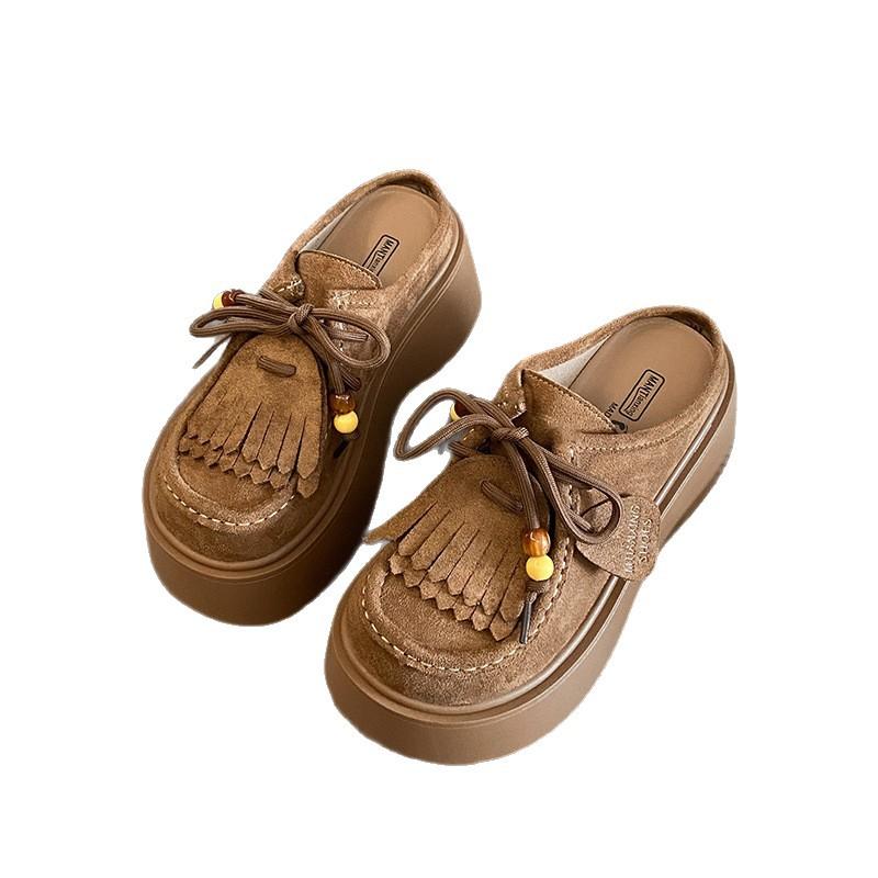 Mattes Leder Dicksohlige Fransen-Loafer für Damen 2025 Herbst neue Modelle, kleine Erhöhung, runde Spitze zum Schnüren, Taschenkopf Halbschlappen