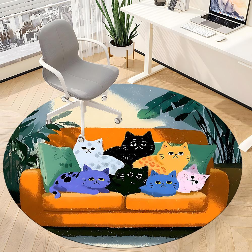 1PC Cat Family Office Round Area Rug,  Mat Suitable ForOffice, Under Office Chairs Bedroom Living Room Home Decor, Room Deco