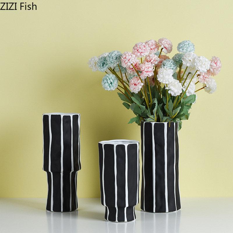 Black and White Stripe Ceramic Vase Flower Pots Decorative Flower Arrangement Desk Decoration Ornaments Crafts Floral Vases