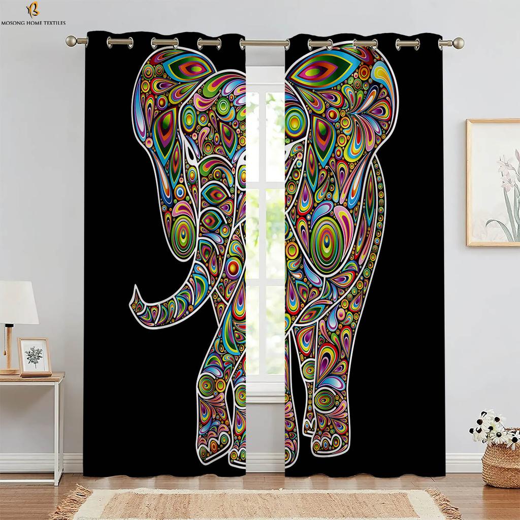 Set Of 2 European Retro Elephant Pattern Printed Curtains Polyester Bedroom Living Room Kitchen Curtain Machine Washable Ideal For Great