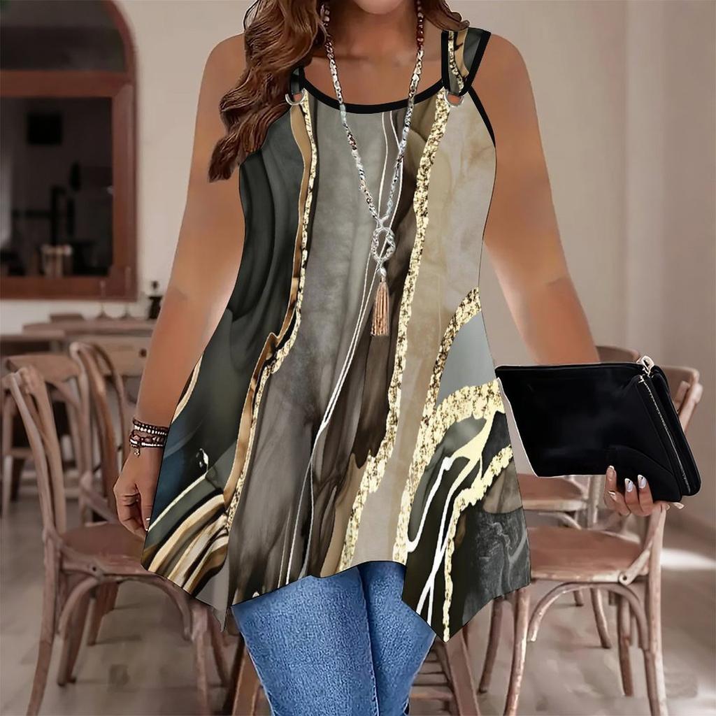 Modische Damen-Freizeit-Sport-Weste mit Doppelring, Marmor- und einfarbige Linien-Maserung-Druckmuster, unregelmäßiger Saum, Elegant und Schlicht