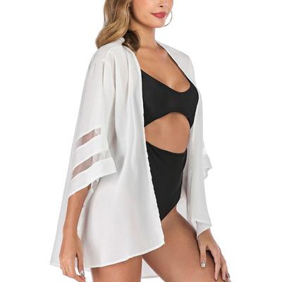 Cárdigan tipo kimono suelto informal de gasa de color puro con manga 3/4 y panel de malla para mujer