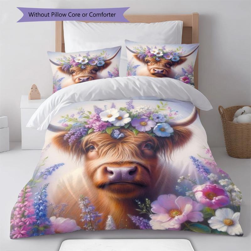 Highland Cow Colorful Wildflower Garland Butterfly Print 3 Pieces Duvet Cover Set Farm Animal Bedding Bedroom Home Decor Without Pillow Core Comforter