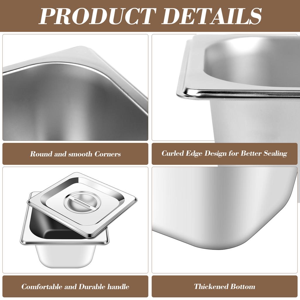 12 Set 1/6 Size Stainless Steel Hotel Pans With Lids 4" Deep Steam Table Pan Food Pan Lid With Handled Catering Food Storage Met