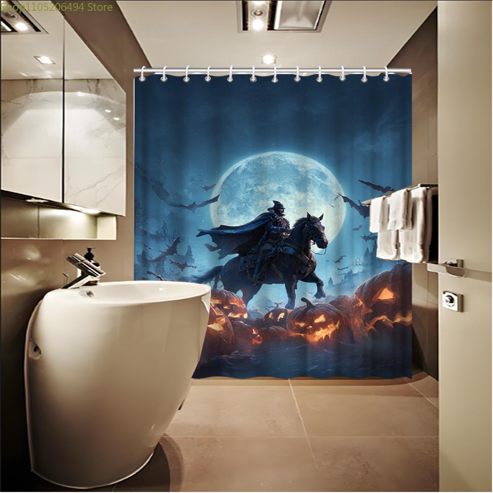 1pc Gothic Dark Knight Shower Curtain - Medieval Knight on Horseback with Bats & Jack-O'-Lanterns, Spooky Bathroom Decor, Larg