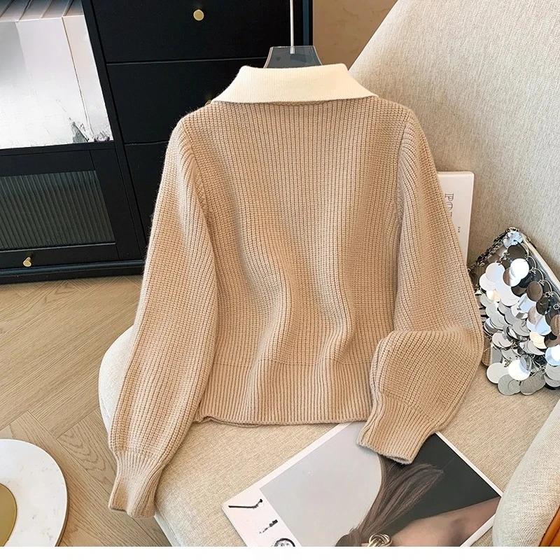 Autumn Spring Design Splicing Slim Women Knitted Cardigan Sweater Jacket Fashion Fake Two Items Loose Ladies Top