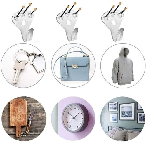 Pack of 10 Wall Hooks, Weight Capacity: Approximately 34kg, Strong, with Nails, for Hanging Pictures, Clocks, and Drywall (Silver)