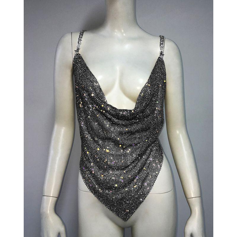 Sexy Irregular Vest Spring Women's Metal Rhinestone Tops Sexy Asymmetrical Vest Chain Sling