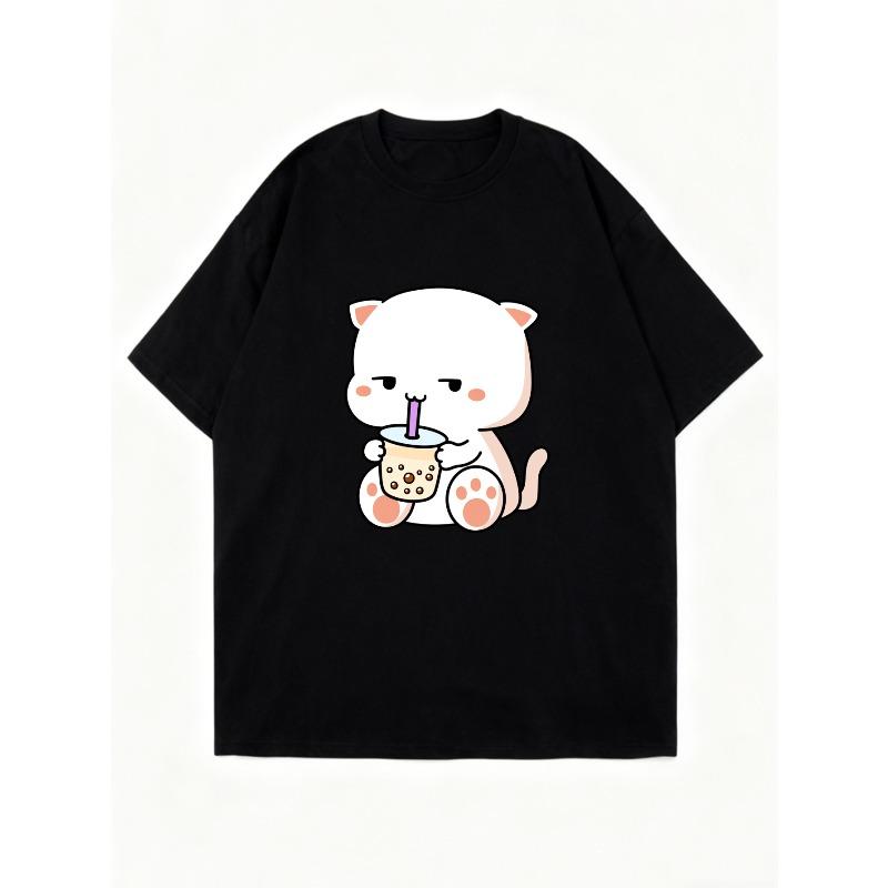 Oversized T-Shirt Black Cute Cat Drinking Bubble Tea Print Casual Everyday Wear