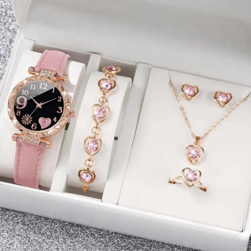 New Popular Women'S Diamond-Encrusted Dial Pu Leather Strap Quartz Watch Bracelet Set