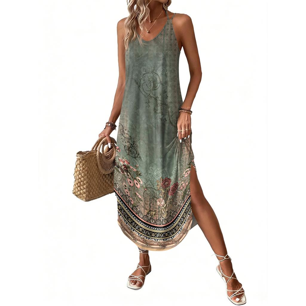 Women V Neck Sleeveless Floral Print Maxi Dress with Pockets Casual Loose Fit Beach Long Sundress for Summer