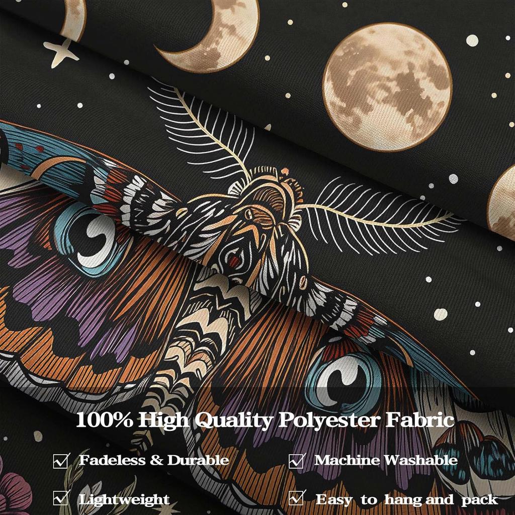 Hippie Witchy Moth Tapestry, Moon Mushroom Aesthetic Floral Wall Art, Mystic Moon Phase Decor For Living Room Bedroom Home
