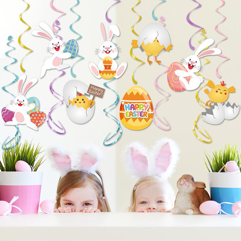 Happy Easter Hanging Swirl Carrot Rabbit Egg Colorful Spiral Pendant 2026 Easter Party Home Decoration Supplies Kids Gift Favors