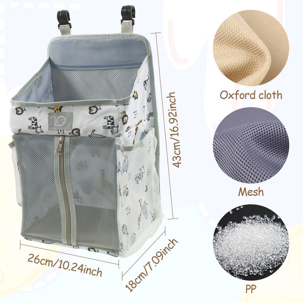 Baby Crib Hanging Caddy Organizer Oxford Cloth Baby Diaper Hanging Bag with 2 PP Boards Multi Pocket Baby Product Storage Bag
