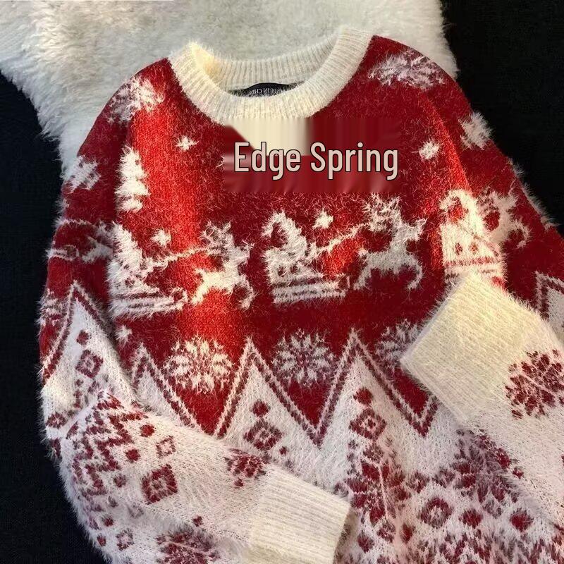 Women's New Year Red Christmas Sweater 2025: Round Neck, Loose, Thick, Autumn/Winter Style