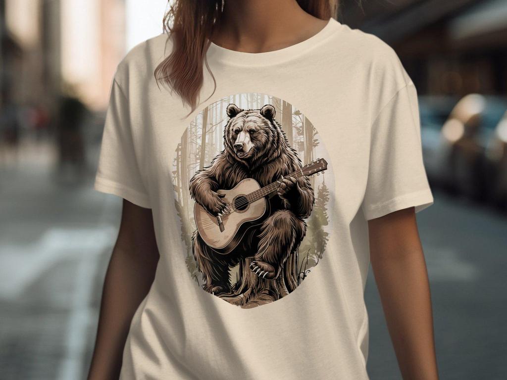 Bear with Guitar T-Shirt, Music Lover T-Shirt, Musical Bear Tee, Acoustic Guitar Art, Forest Animal Tee, Cute Bear Shirt
