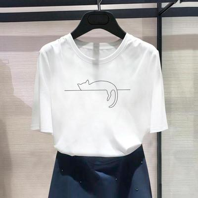 (Dimensione asiatica) Stampa Moda Gatto Femmina Stile Adorabile Tendenza Anni '90 Top da Donna Casual Abbigliamento Casual Maglietta Grafica Maglietta a Maniche Corte