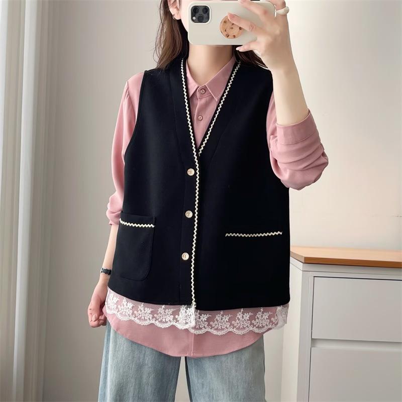 2026 Spring/Summer Plus Size Patchwork Mesh V-neck Cardigan Vest for Curvy Women
