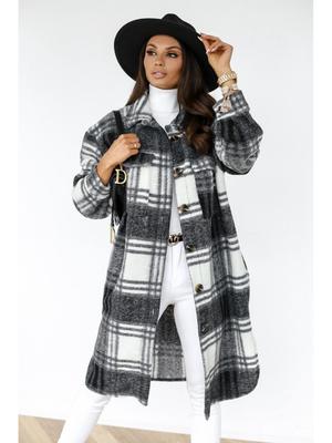 Jinhan Autumn/Winter Long Sleeve Plaid Wool Coat with Button Lapel