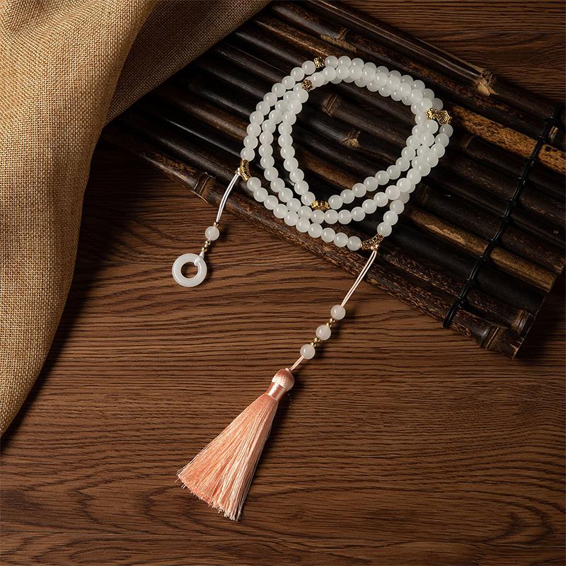 Retro Ethnic Style Necklace Chinese Style Beaded Tassel Choker Natural Stone Prayer Necklaces Women Cheongsam Necklace Jewelry