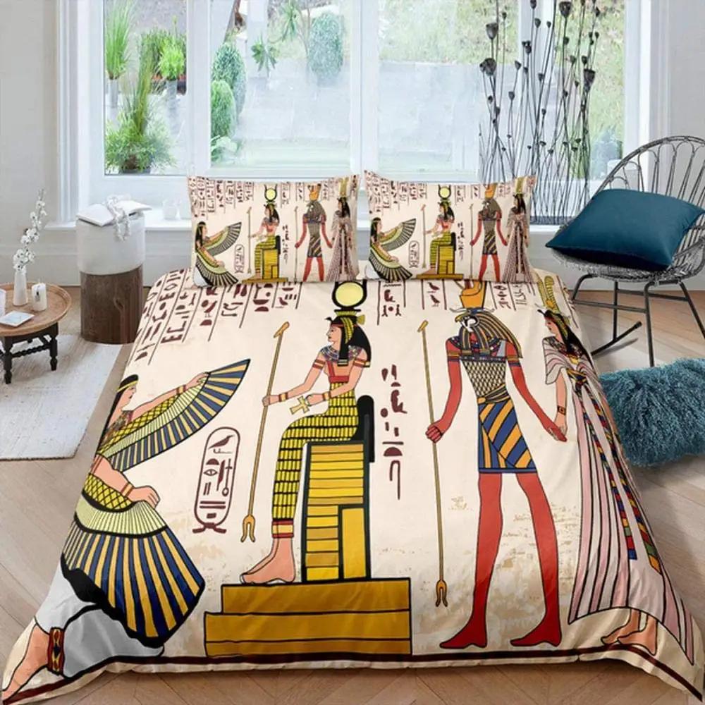 Pharaoh Duvet Cover Queen Ancient Egypt Tribe Comforter Cover Set for Boys Egyptian Pyramids Exotic Style Polyester Bedding Set