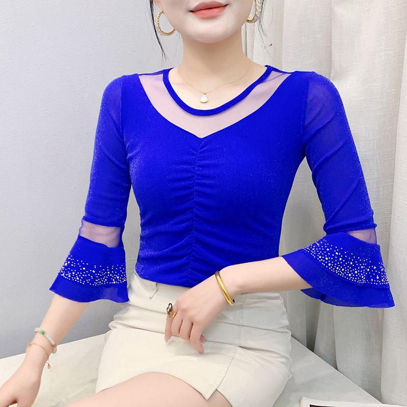 

Летняя Новая Женская Футболка Сексуальная Прозрачная V-образный вырез Рукав-фонарик Топы Рубашки Блестящие Горячие Бриллианты Эластичные Облегающие Сетчатые Футболки Блузки M синий