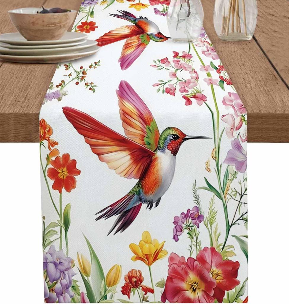 Spring Country Pastora Hummingbird Flowers Linen Table Runner Party Decor Summer Floral Birds Table Runners Dining Table Decor