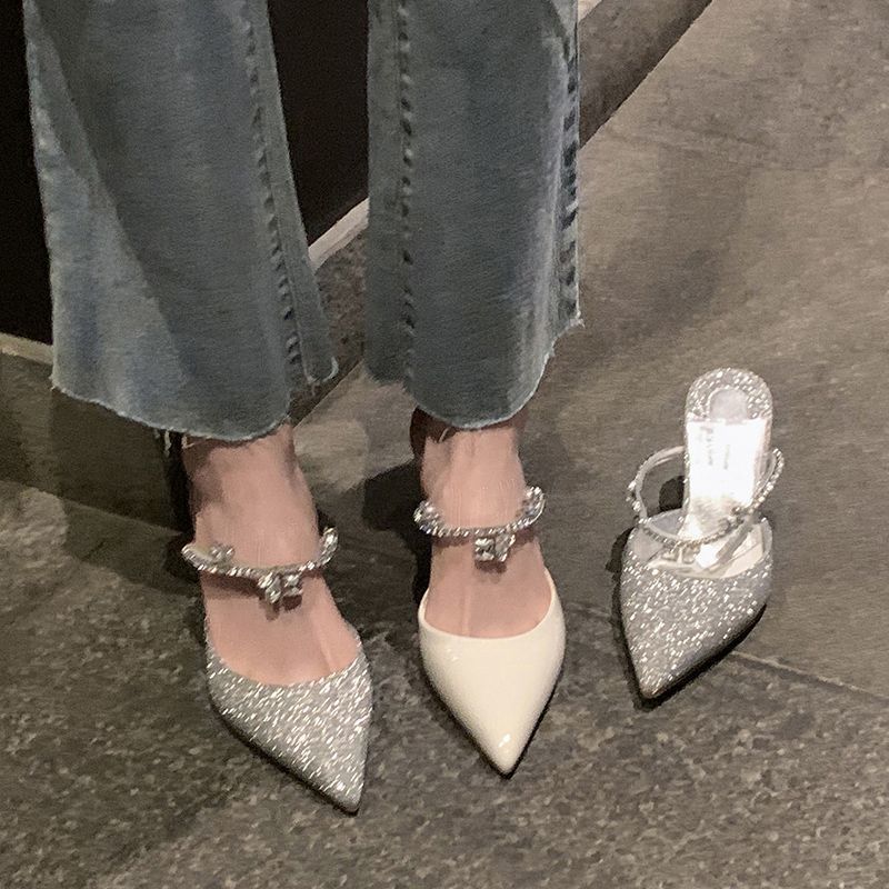 Light Luxury Style Outer Wear Thin Heels Pointed High Heels 2025 Summer New Fashion Celebrity Style Party Niche Half Slippers Women