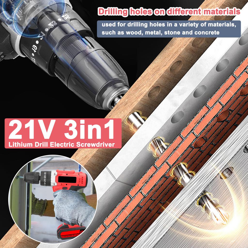 Household 3in1 Multifuctional Electric Drill Handheld Lithium Screwdriver 21V   Drill Brushed Motor 2 Speeds Control Stepless Speed Regulation Ro
