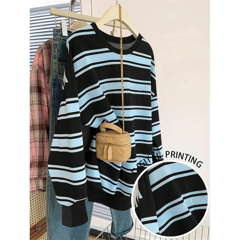 Womens Casual Striped Print Hoodie-Free Sweatshirt Loose Fit Round Neck Long Sleeve Top 2025